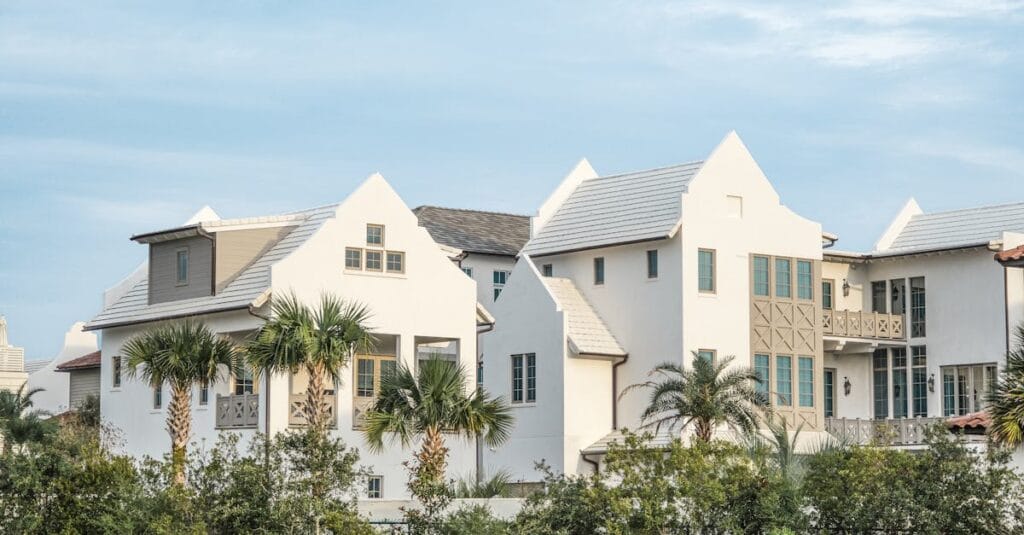 Beautiful white houses with a tropical setting in Alys Beach, Florida.